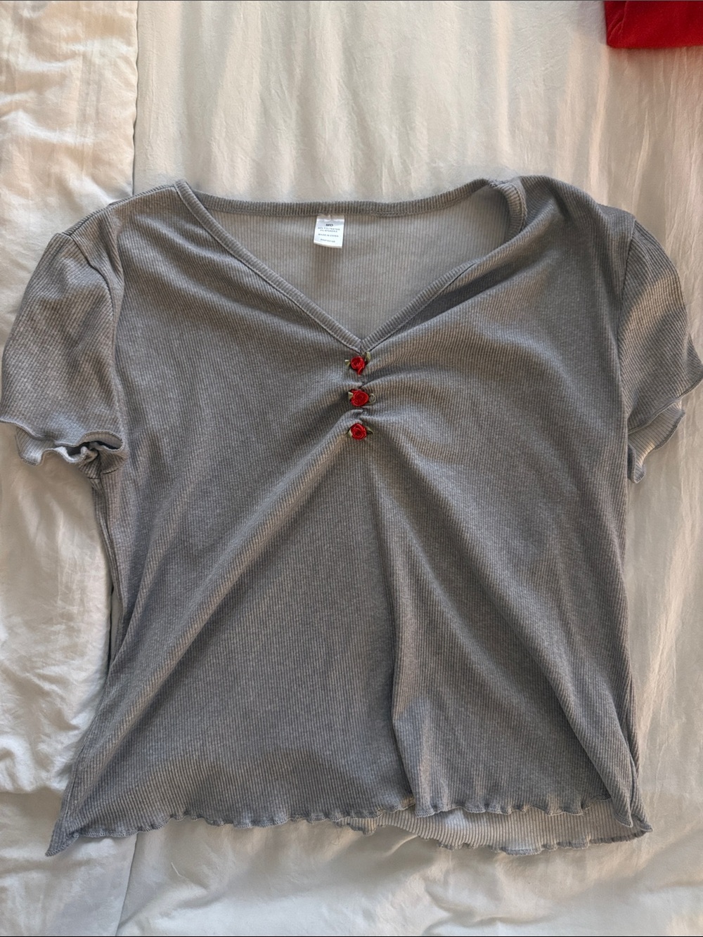 Gray Short Sleeve V-Neck Tee with Red Button Accents